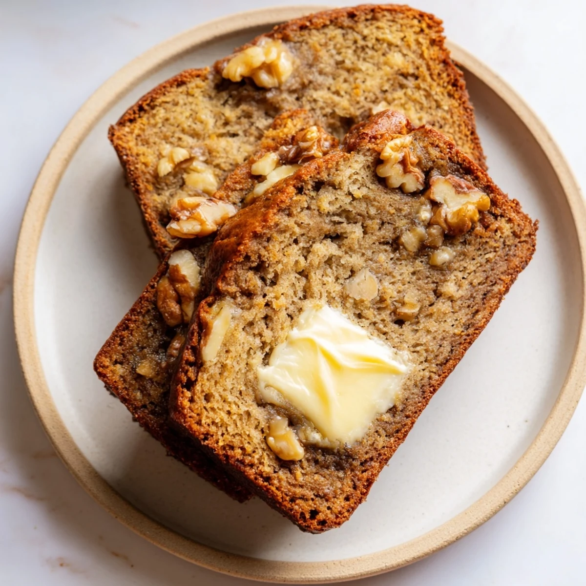 Golden-brown banana bread, still warm, sliced and ready to serve with butter.