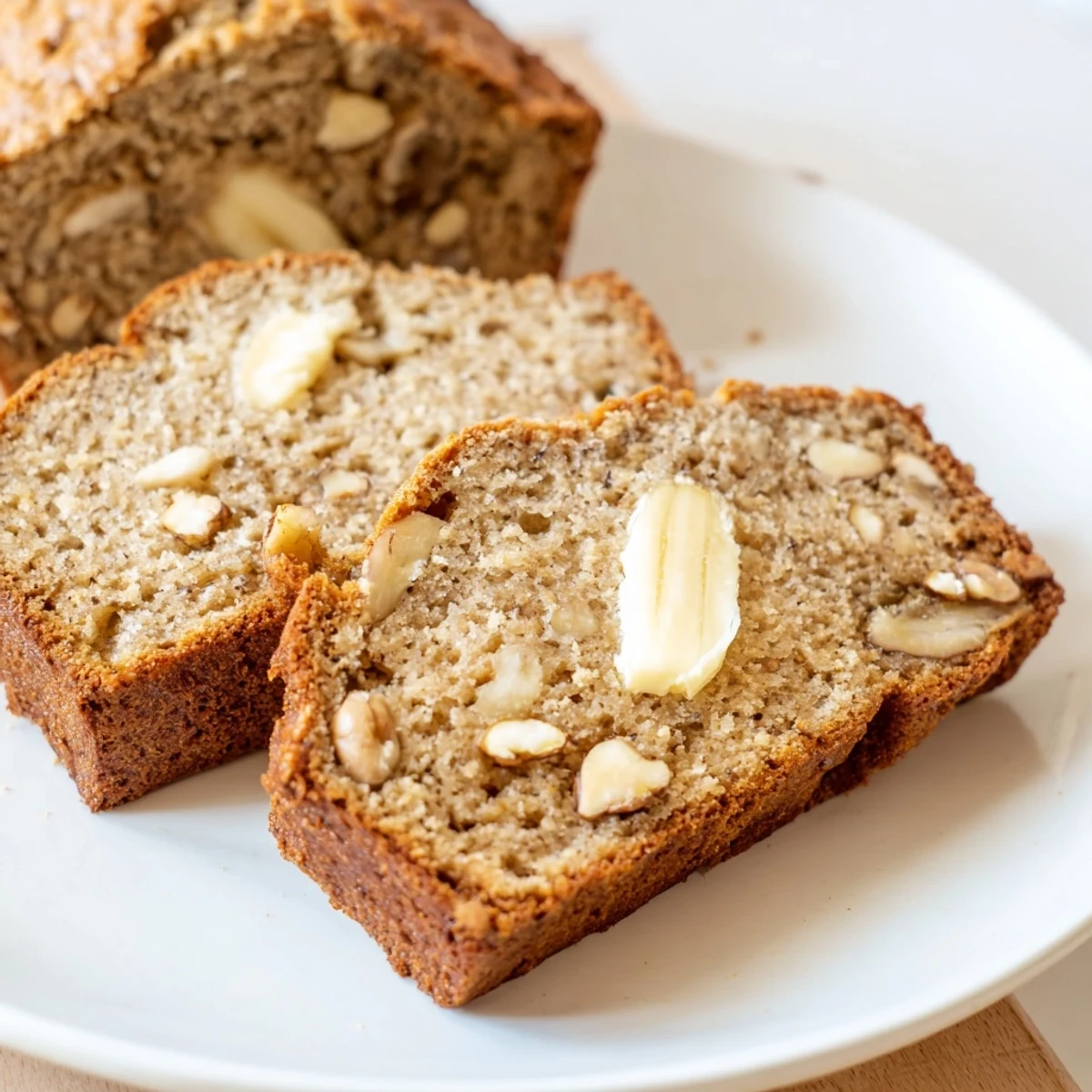 Close-up of delicious banana bread, boasting a delightful aroma and texture, ready to eat.